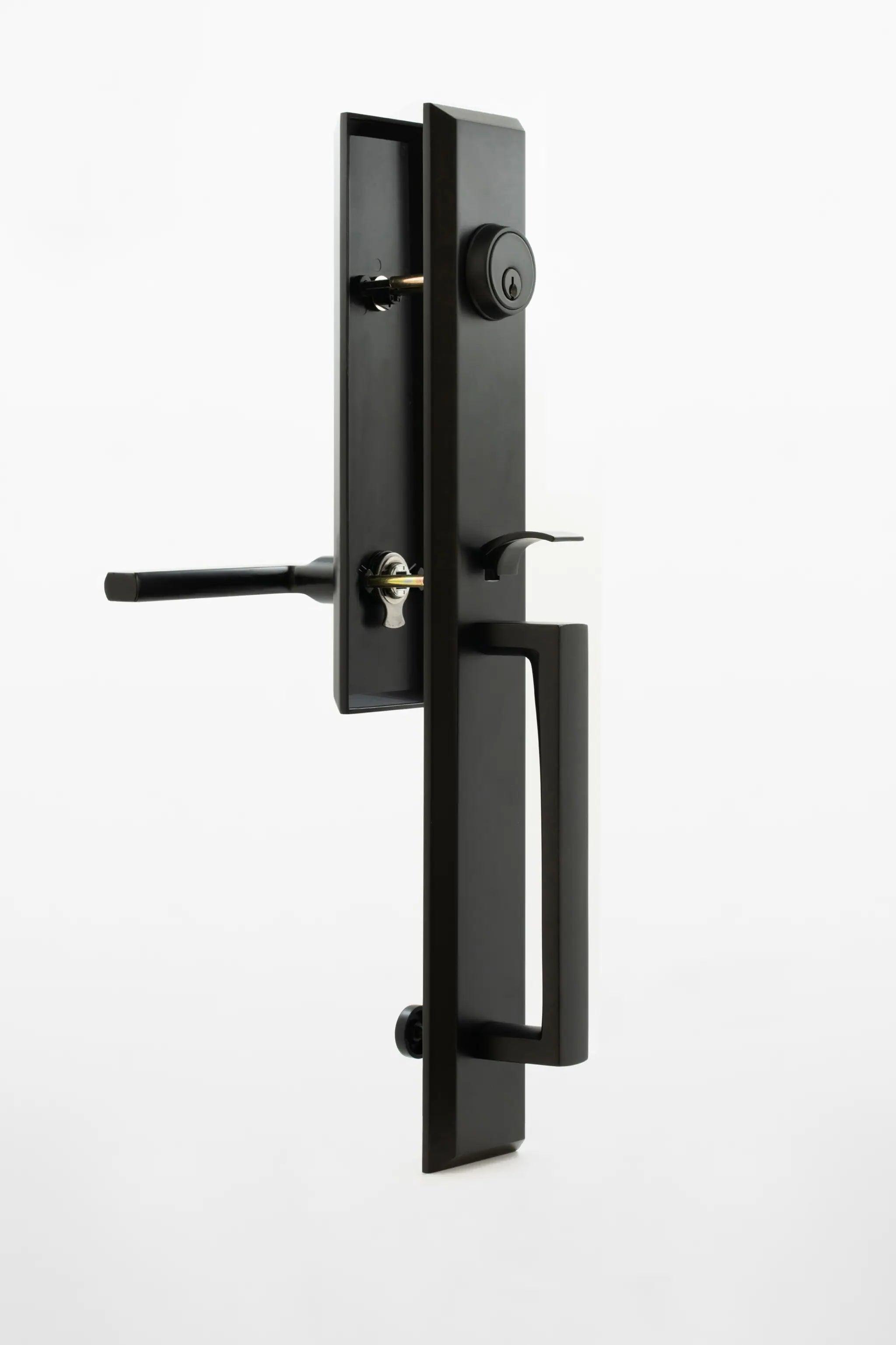 Black door handle and lock mechanism on a white background